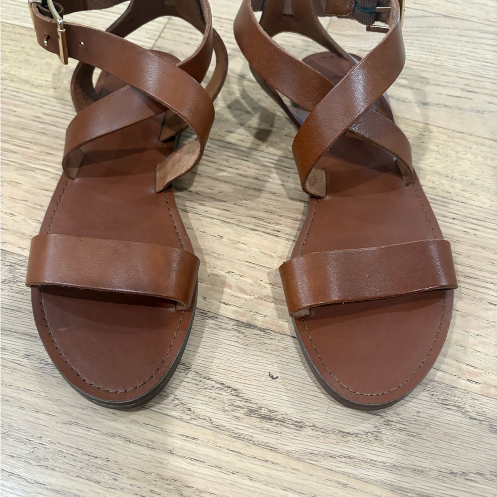 Dune London Brown Leather Sandals with Cross-Over Straps